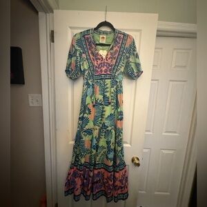 NWT Farm Rio for Anthropologie short sleeve tiered a-line midi dress